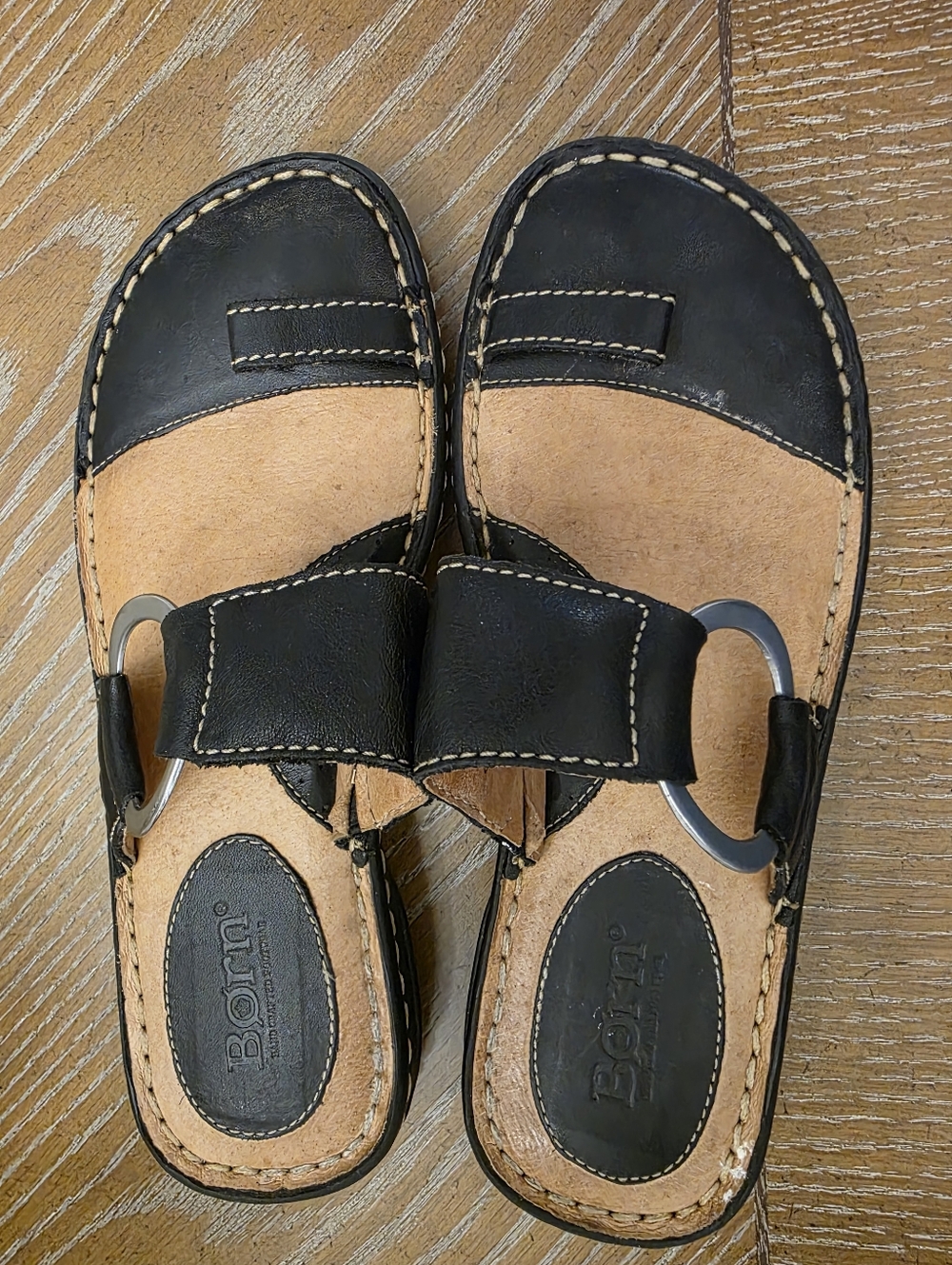 Born Black And Tan Leather Sandals